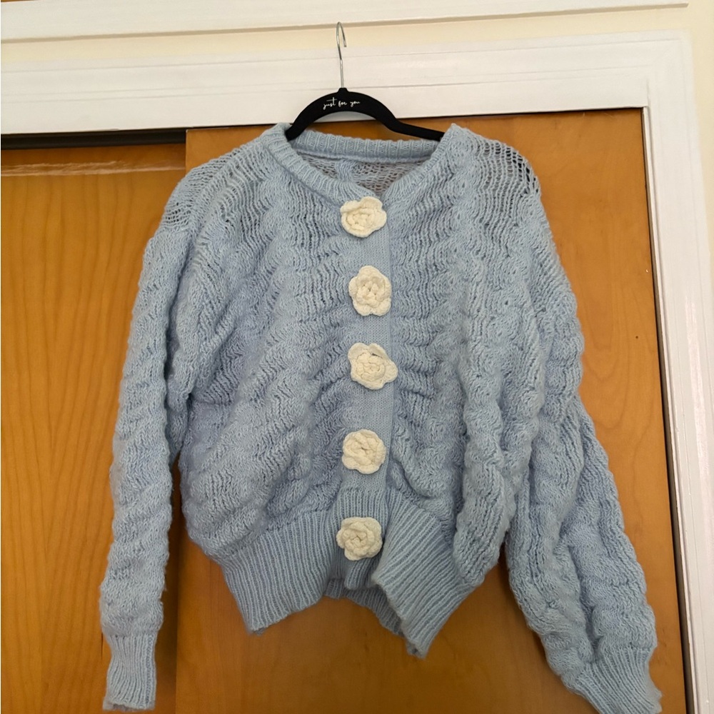 Blue Cable Knit Sweater with Cream Accents